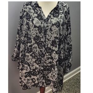 Catherines 4X Black White Floral Houndstooth Print Button Front Tunic‎ Top